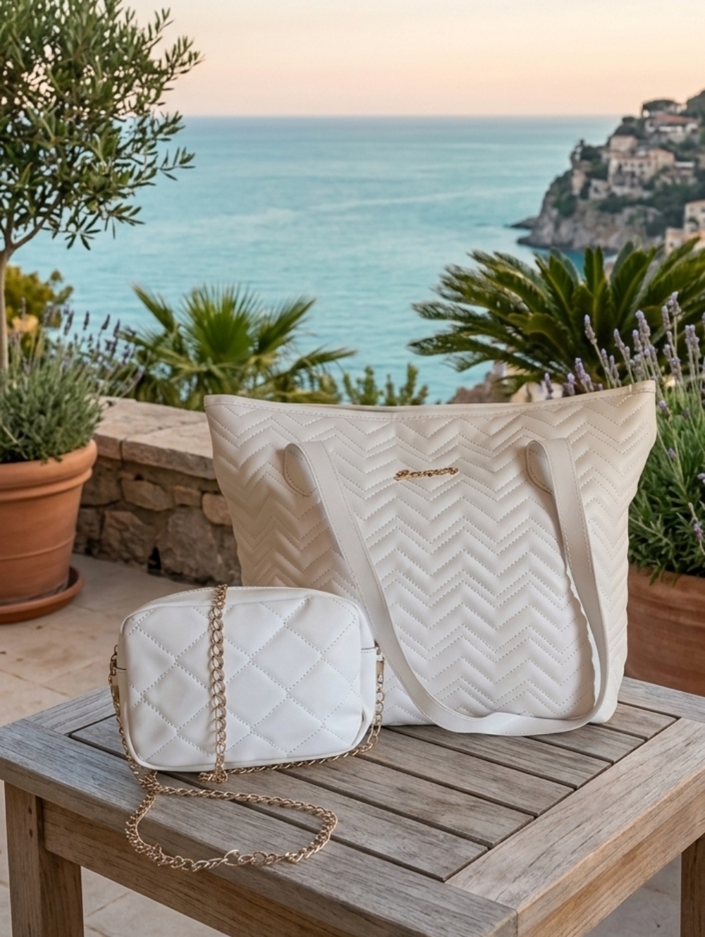 Never Used Elegant White Quilted Tote and Crossbody Set